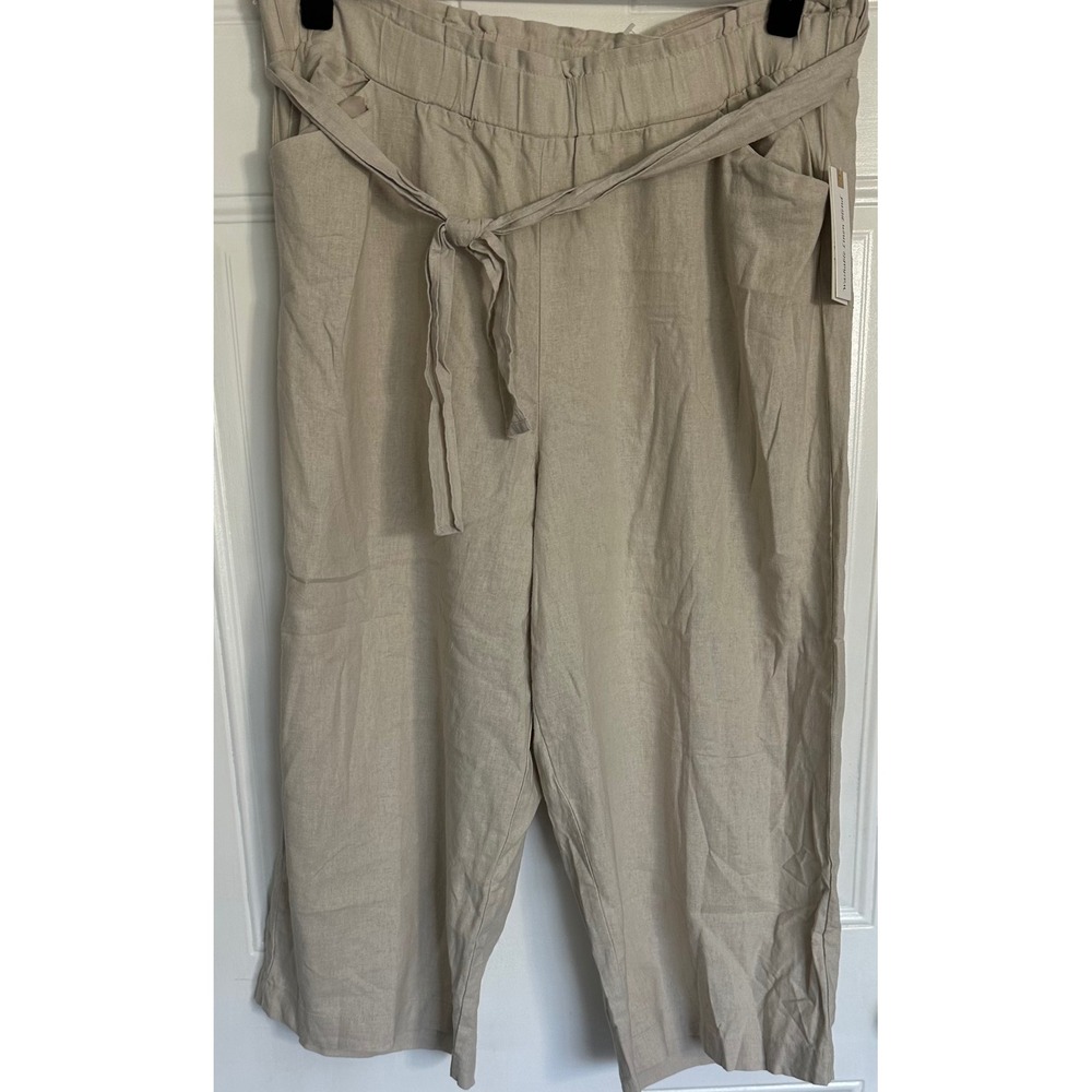 Land n Sea Womens Oatmeal Linen Blend Crop Pants Elastic Waist Tie Belt L